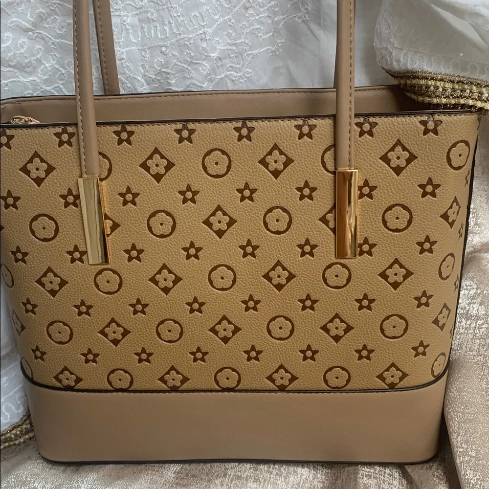 Tan Monogram-Pattern Tote Bag with Double Straps